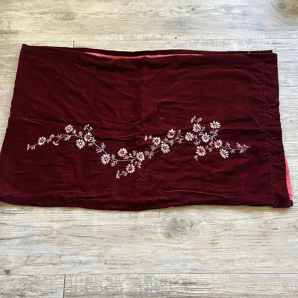 Vintage Scarf Silk and Velvet Hand Embroidered Floral Deep Red Maroon Pink 90s